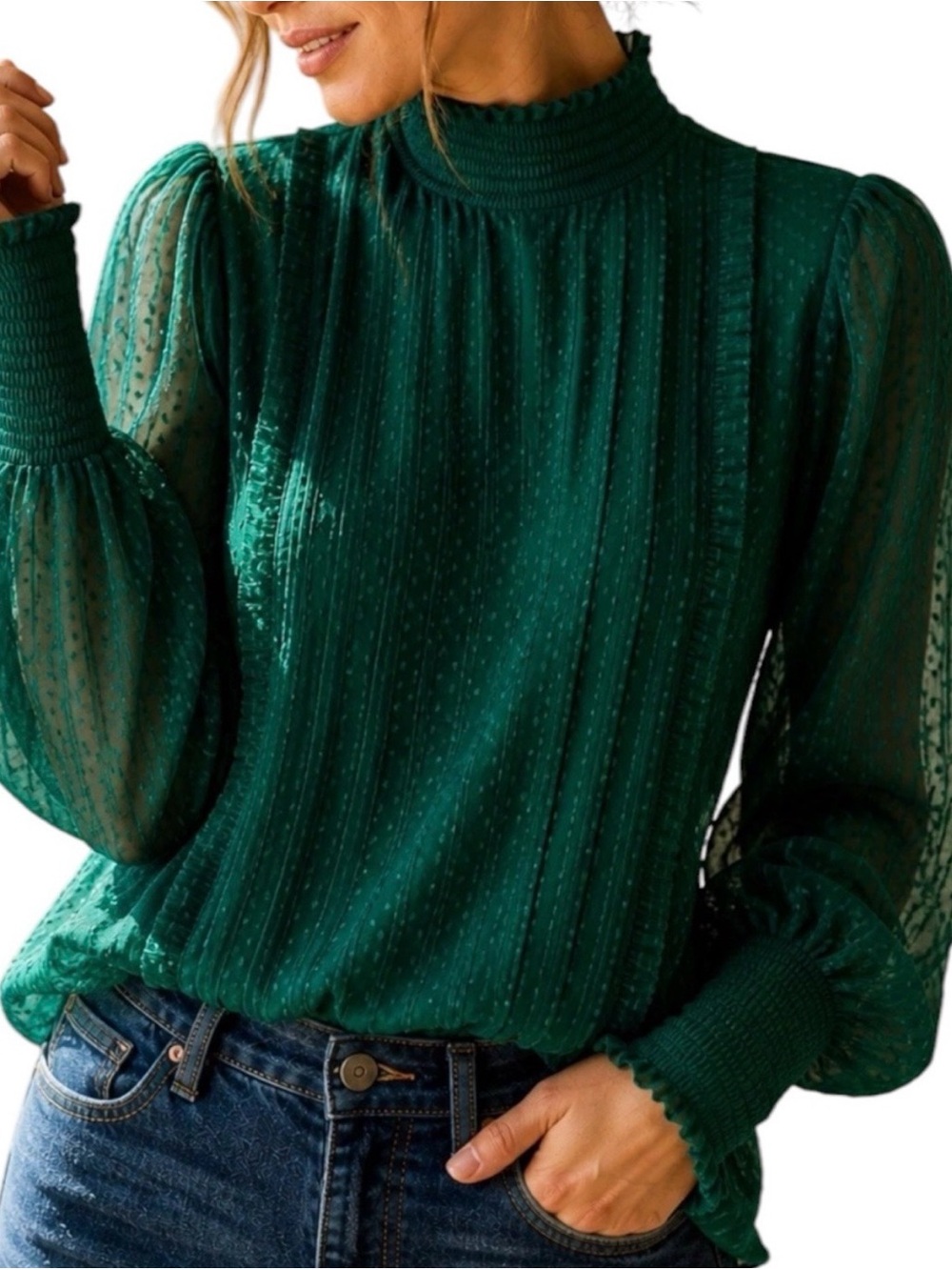 FARM Rio Emerald Green Swiss Dot Ruffle Blouse Smockedโ Mock Neck Top Medium